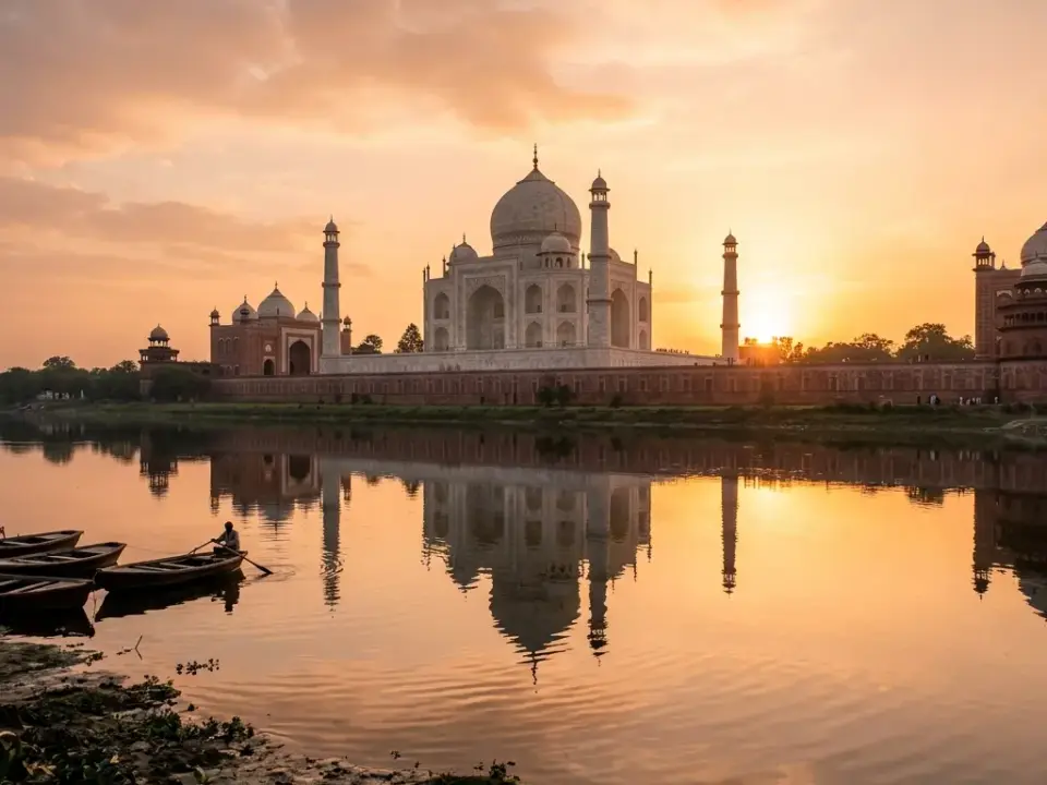 The Taj Mahal in Agra reflected in the river at sunset