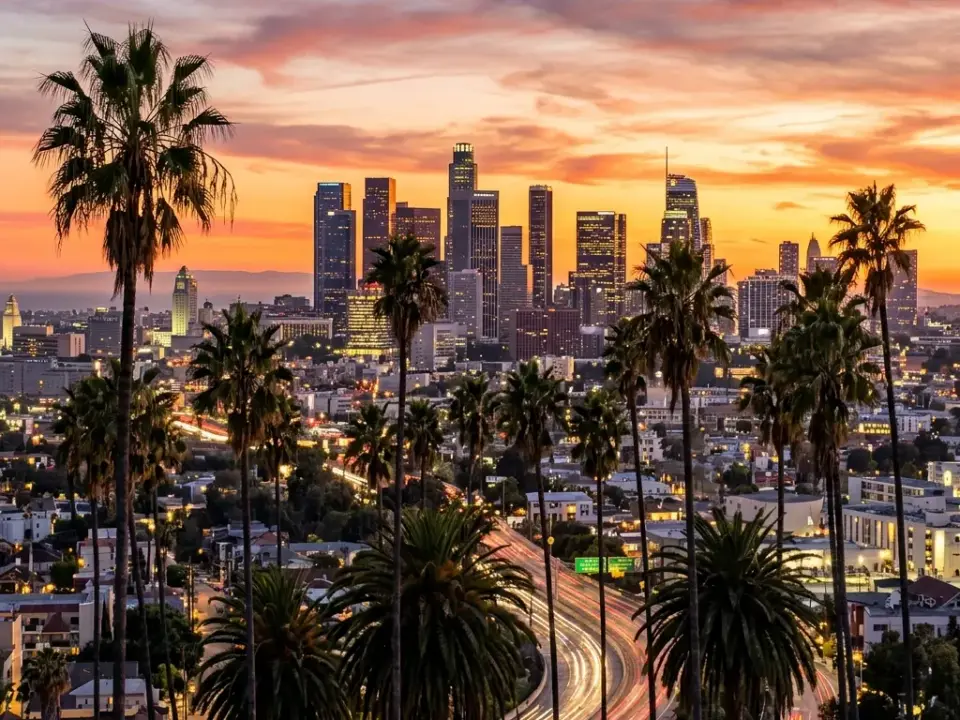 Downtown Los Angeles skyline behind palm trees at dusk