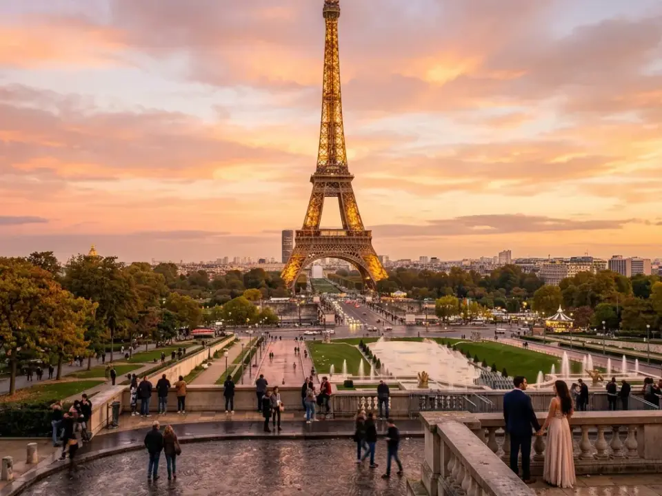 The Eiffel Tower seen from the Trocadéro gardens in Paris
